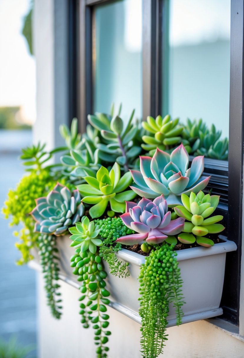 A window box attached to a window, filled with various green and colorful succulents.