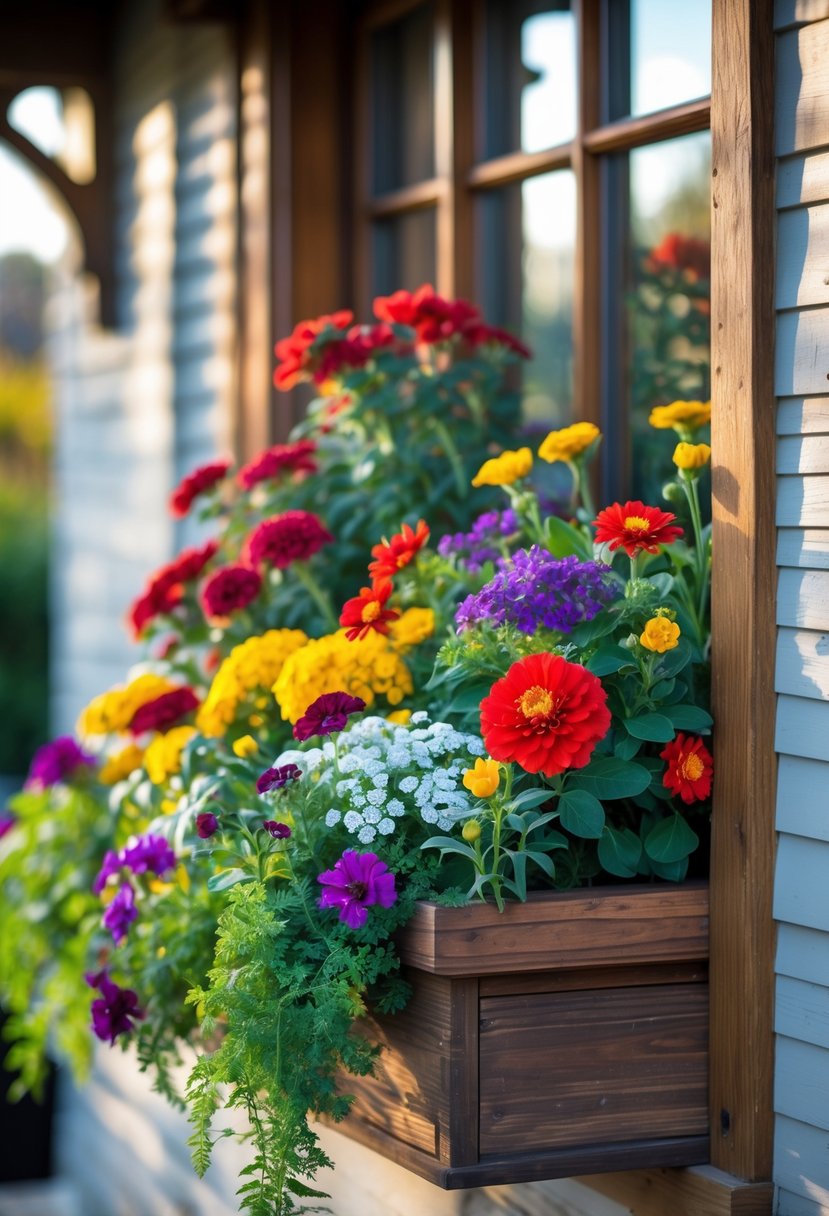 A window box filled with bright, colorful seasonal flowers mounted on a house exterior wall.