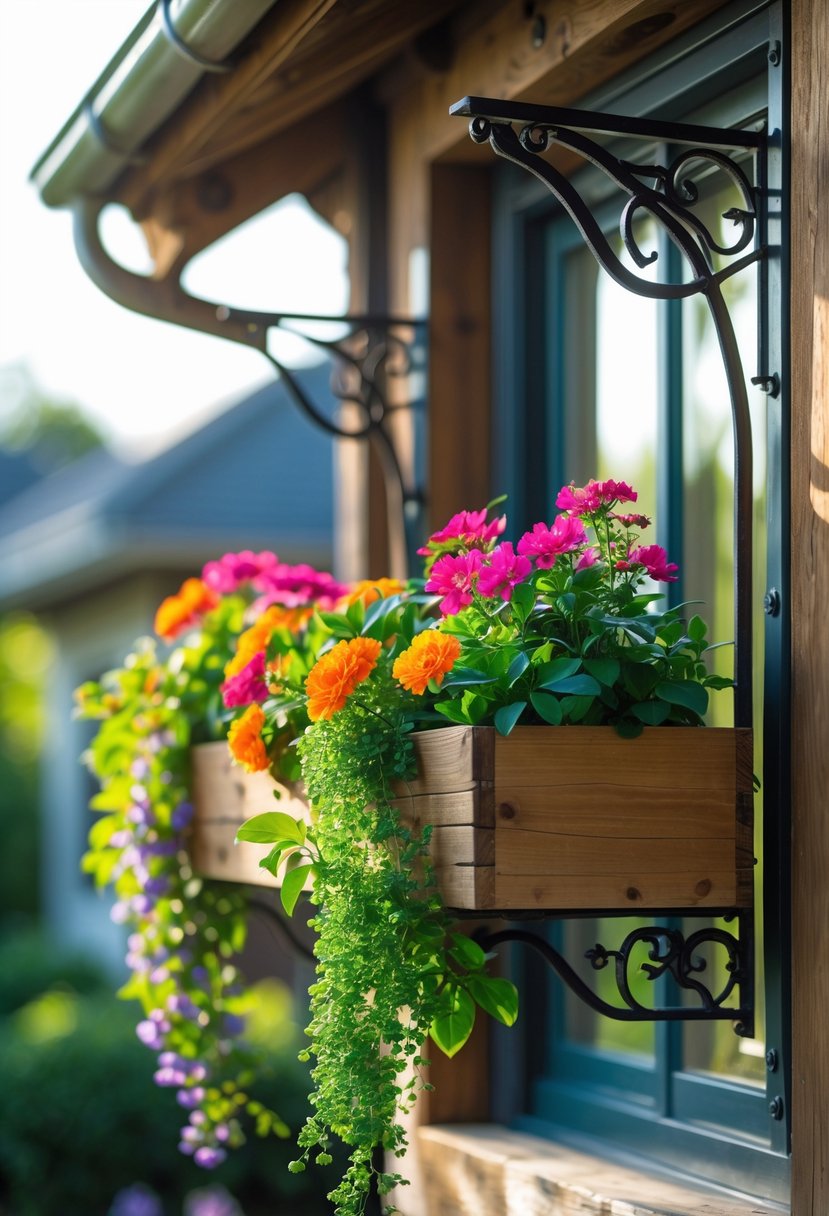 A hanging window box filled with colorful flowers mounted on a wooden window frame with iron brackets.