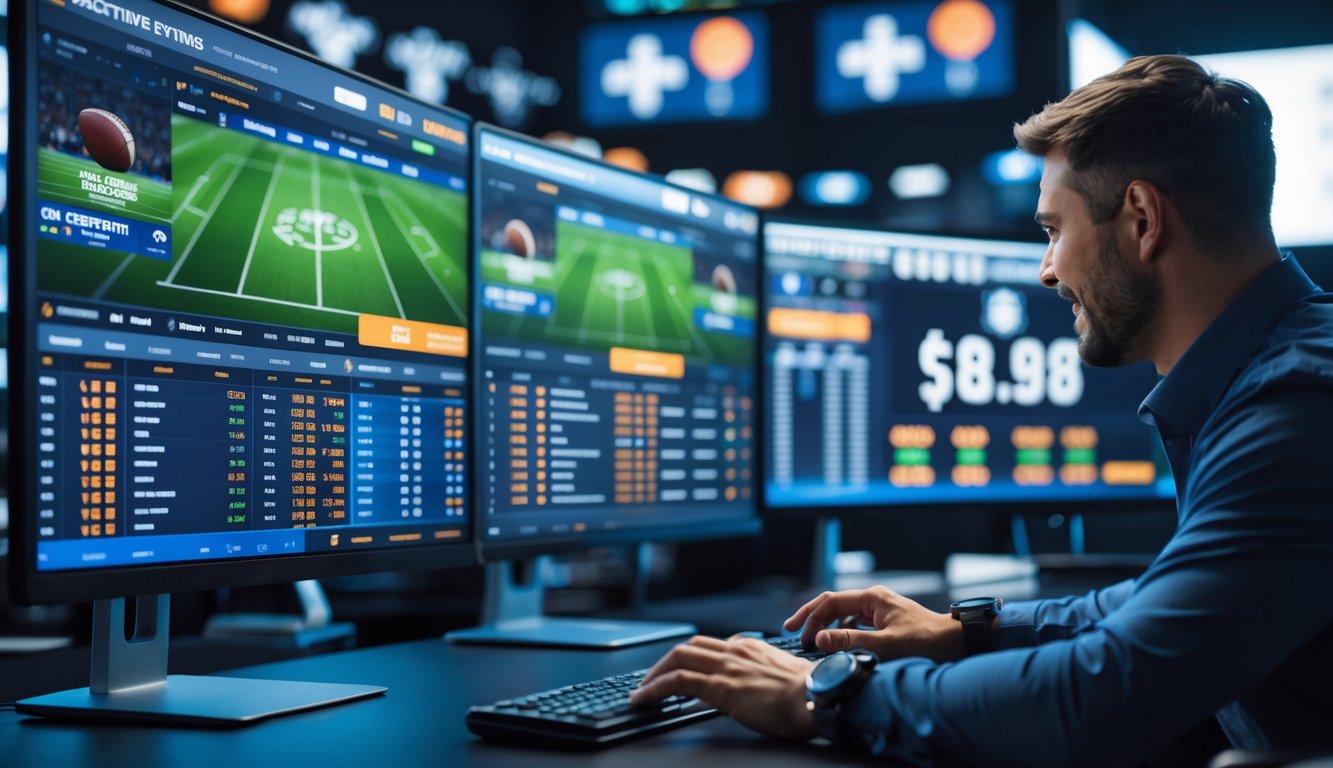 Seorang pria sedang menggunakan komputer dengan beberapa layar yang menampilkan pertandingan olahraga langsung dan peluang taruhan waktu nyata.