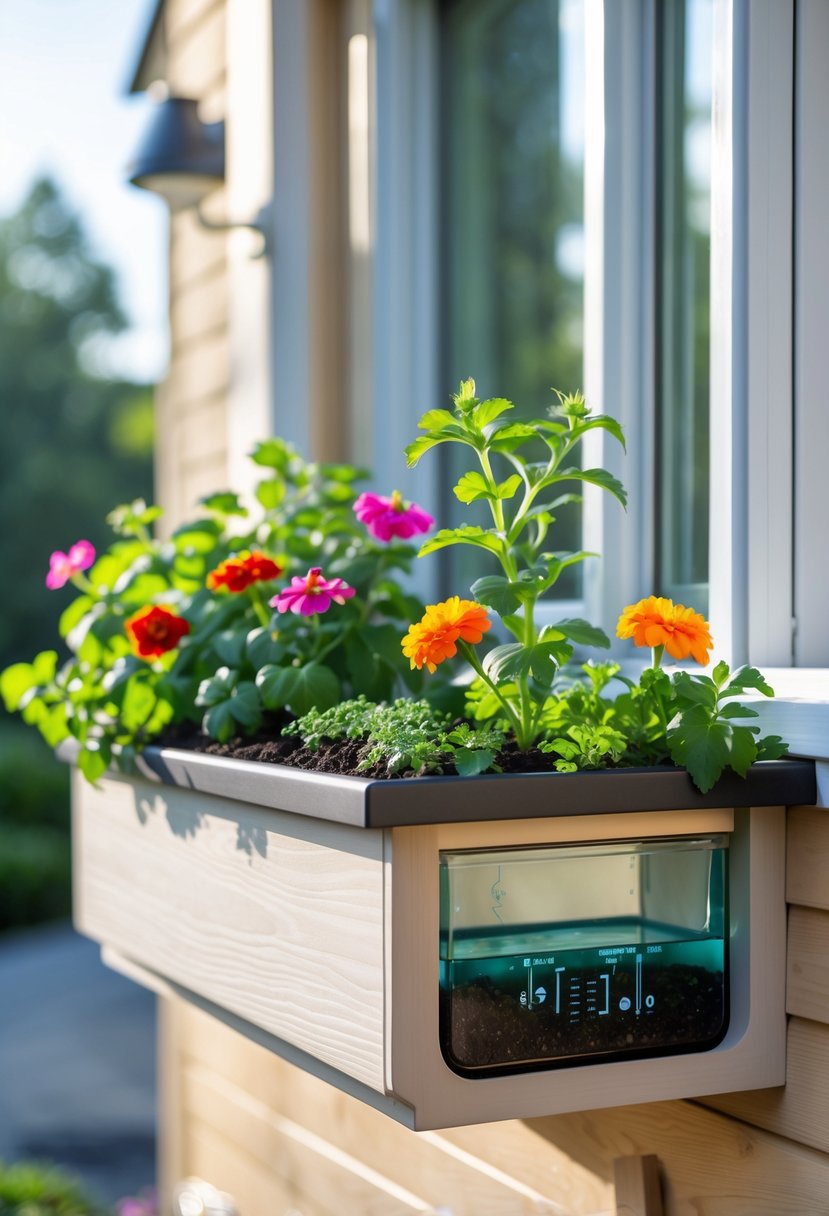 A window box planter with colorful flowers and green plants, installed on a sunny window ledge with a visible self-watering system.