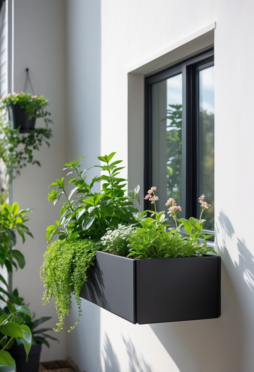 A modern rectangular window box attached to a white wall, filled with green plants and small flowers.