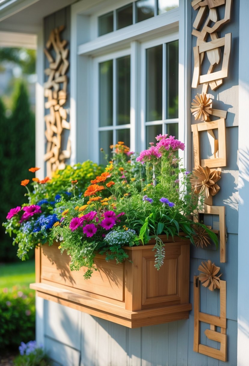 A window box filled with colorful flowers and decorative wooden shims arranged in patterns on a house exterior.