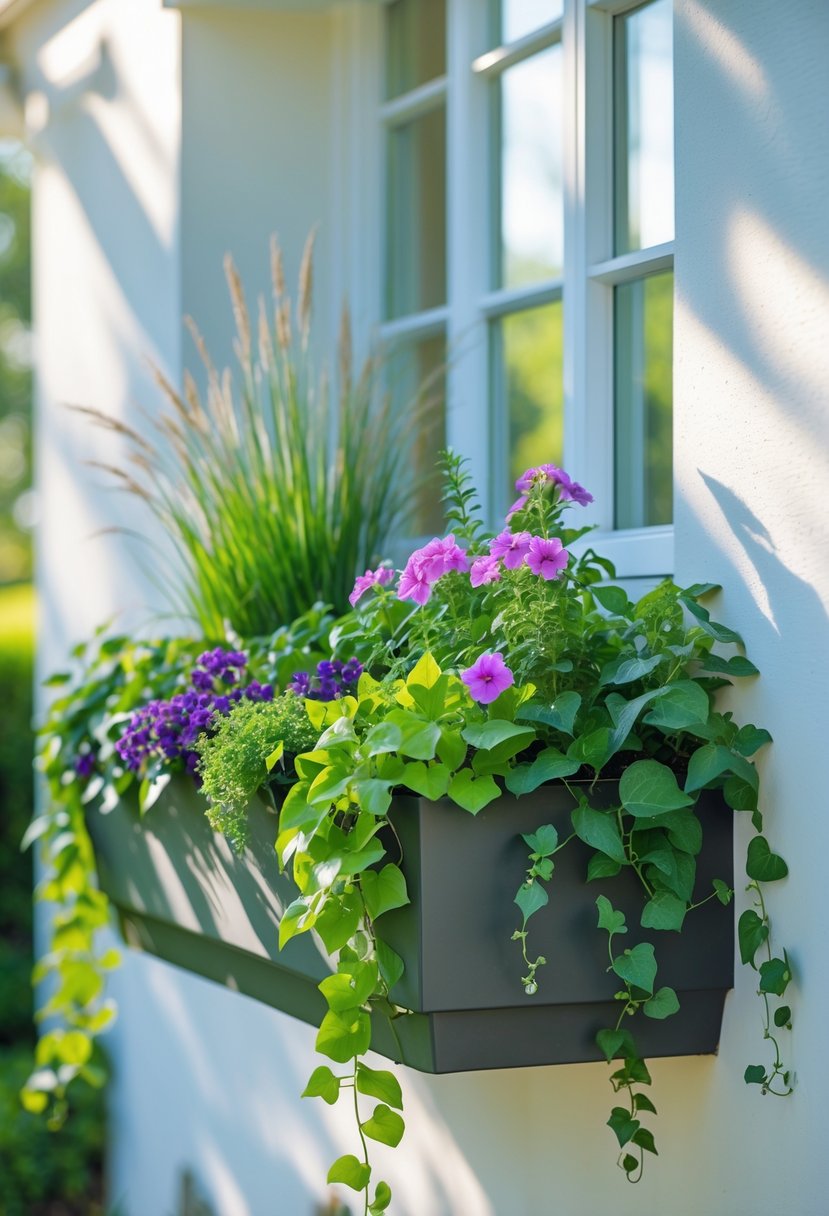 A window box filled with a mix of tall and trailing green plants and colorful flowers beneath a sunny window on a house exterior.