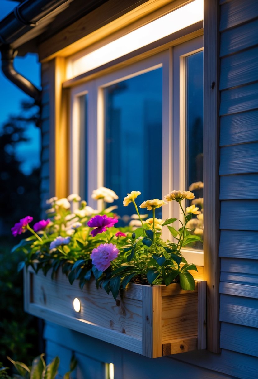 A wooden window box filled with colorful flowers and built-in LED lights glowing softly at night outside a house window.