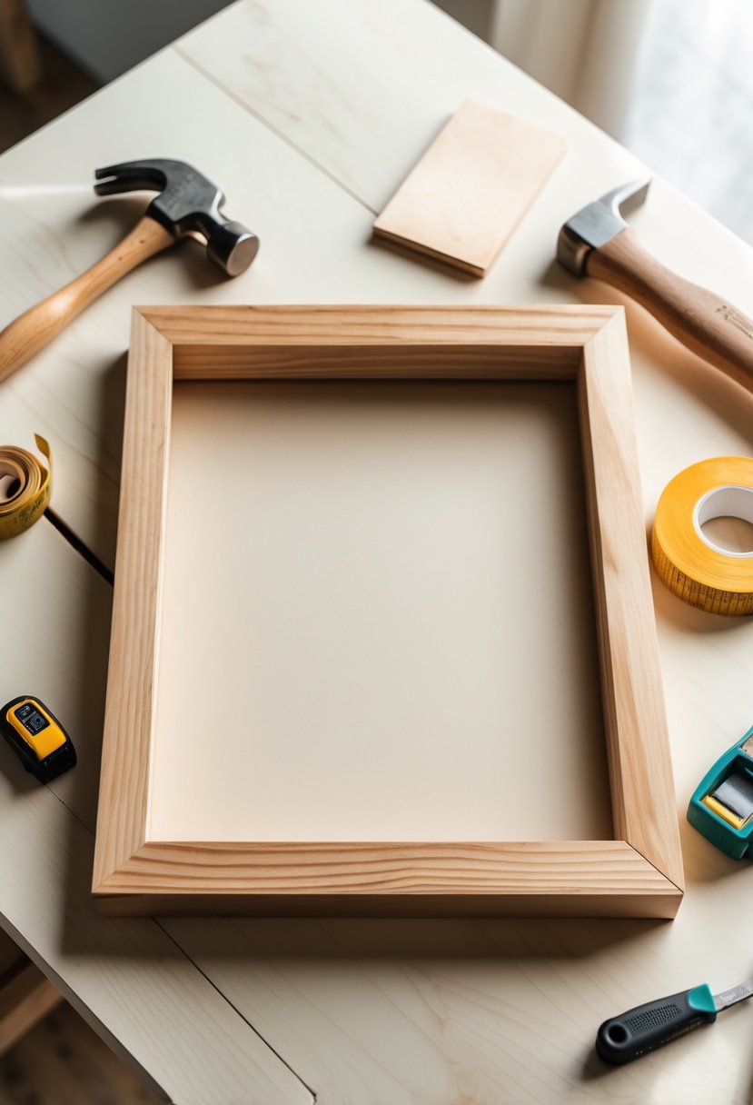 A simple wooden picture frame on a wooden table surrounded by woodworking tools like a hammer, measuring tape, wood glue, and sandpaper.