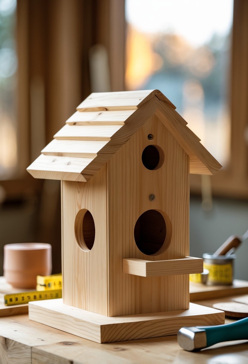 A wooden birdhouse with a slot roof on a table surrounded by woodworking tools.
