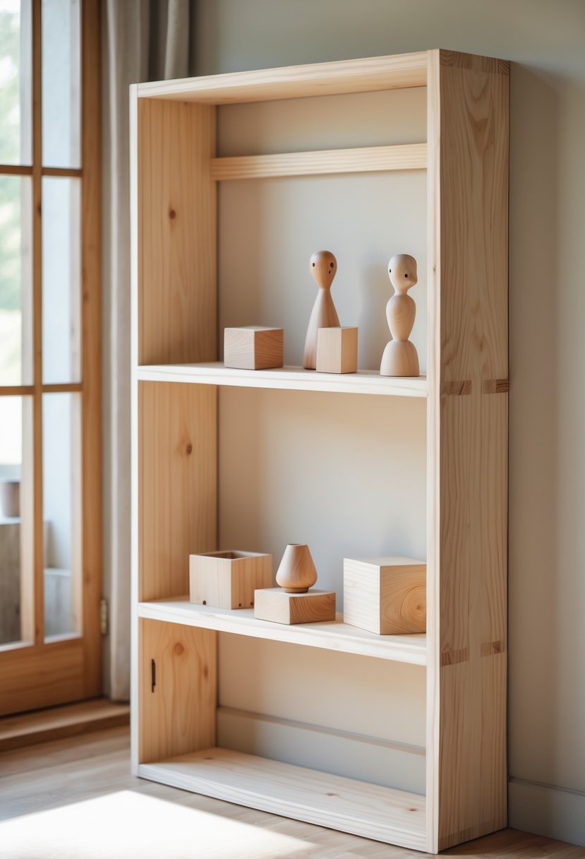 A basic wooden shelf with several small wood craft projects displayed on it in a well-lit room.