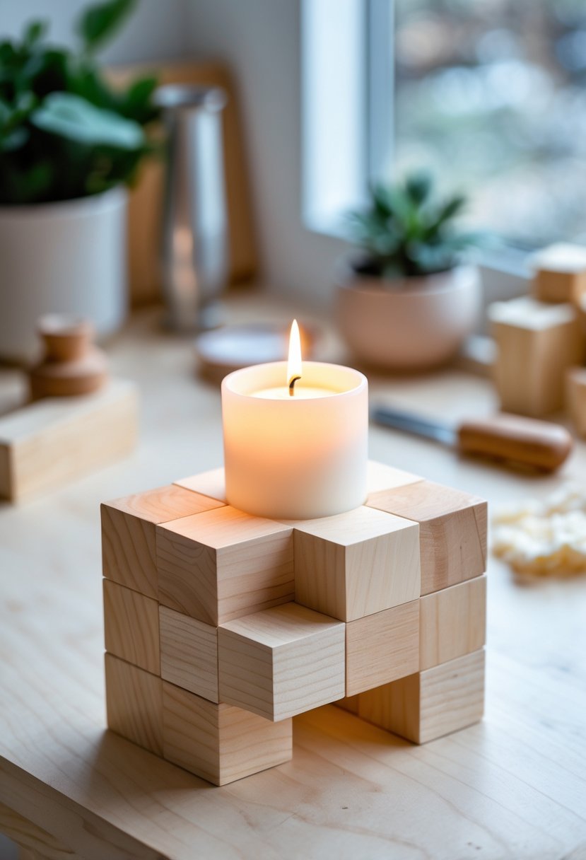 A wooden candle holder holding a lit white candle on a light wooden surface with crafting tools and a small plant blurred in the background.