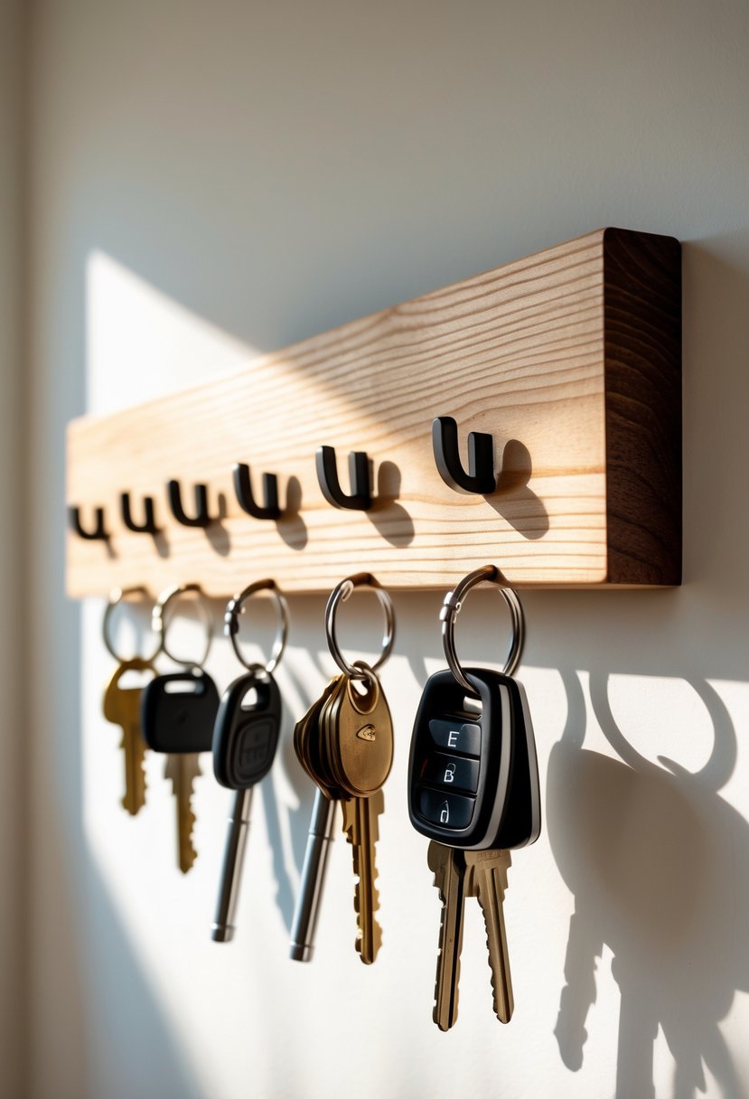 A wooden key holder with several keys hanging on hooks mounted on a light-colored wall.