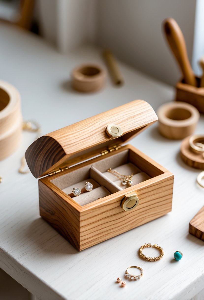 A small wooden jewelry box open on a wooden surface with jewelry inside and woodcraft tools nearby.
