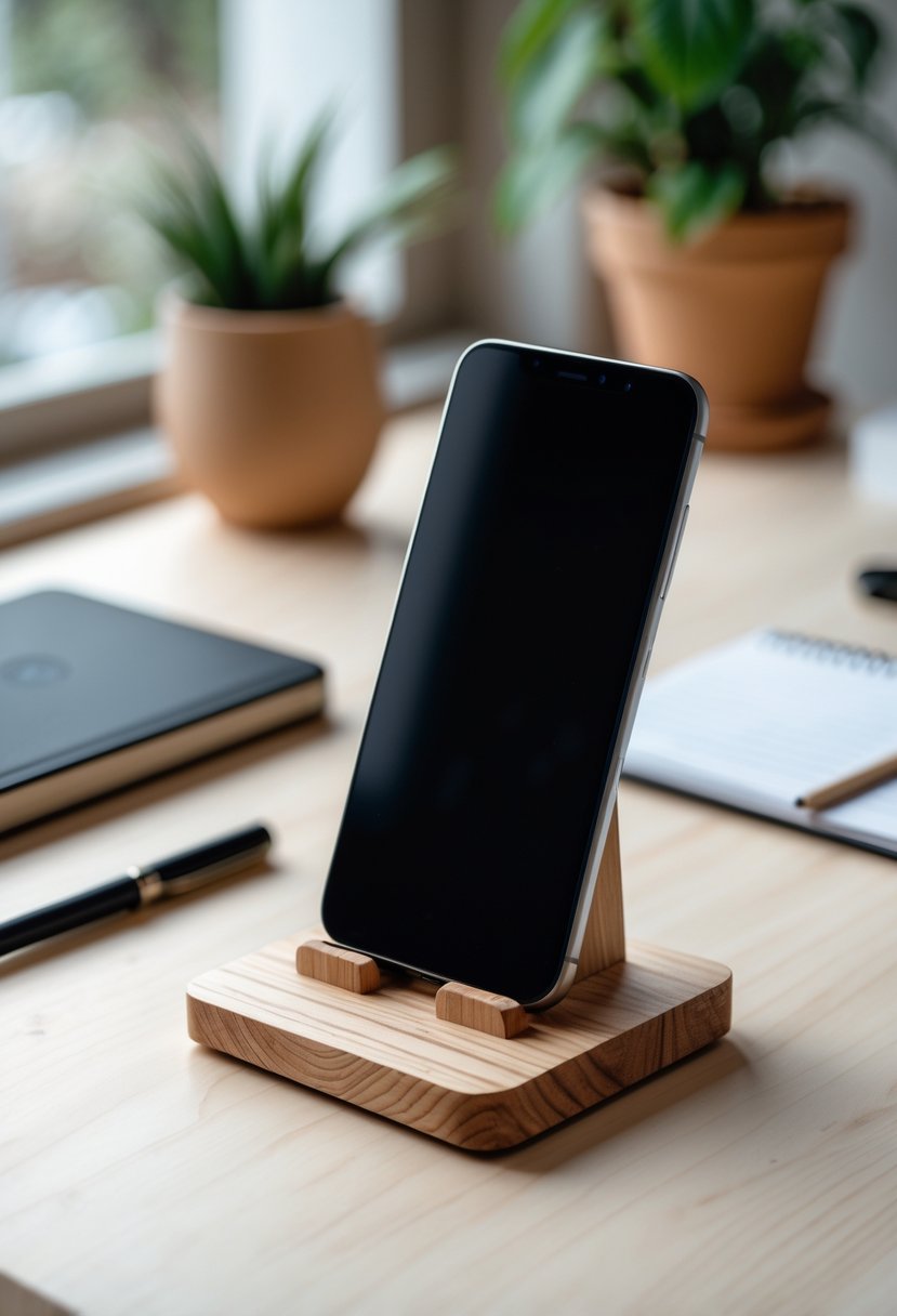 A wooden phone stand holding a smartphone on a wooden desk with a blurred home workspace in the background.