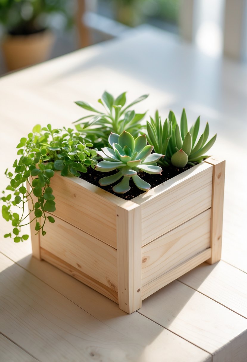 A simple wooden plant box filled with green plants and succulents on a wooden surface.