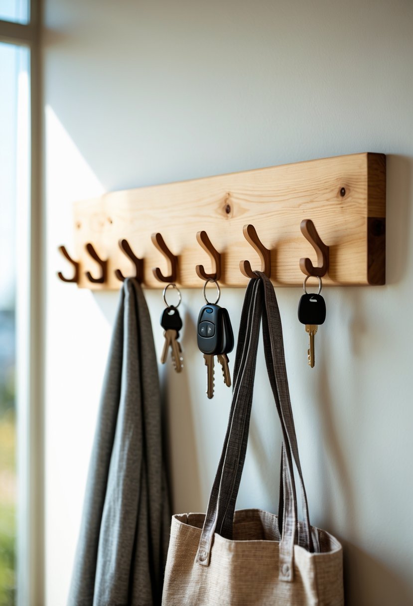 Wooden wall hook rack mounted on a wall with keys, a tote bag, a scarf, and a hat hanging from the hooks.