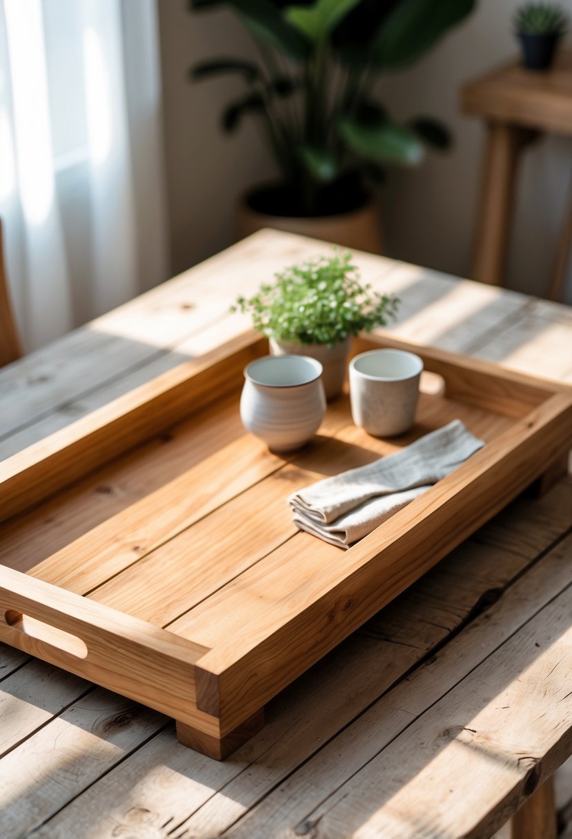 A wooden serving tray on a wooden table holding a cup, a small plant, and a napkin.