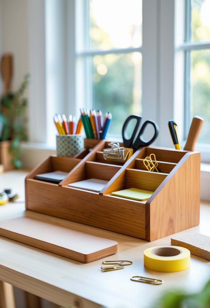 A wooden desk organizer holding office supplies on a wooden desk with woodworking tools nearby in a bright home workspace.