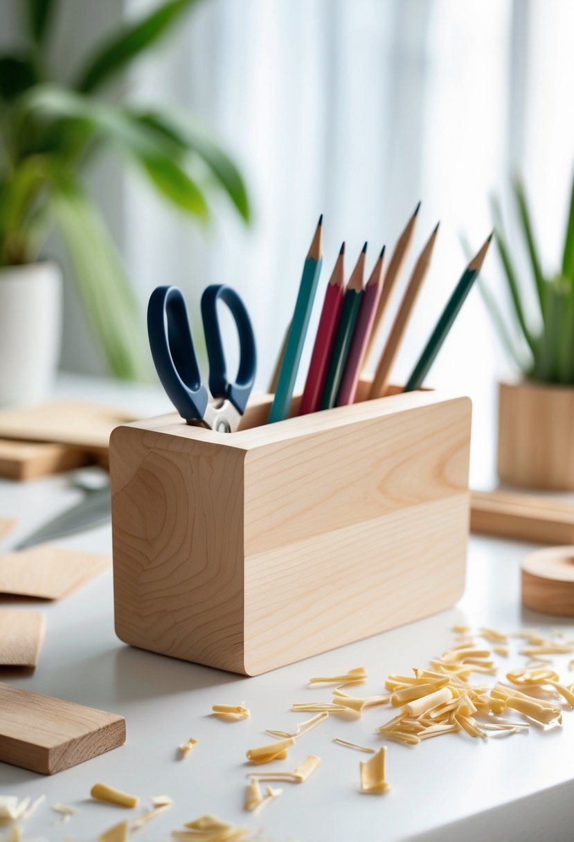 A wooden pencil holder on a white desk filled with pencils and scissors, surrounded by small woodworking tools and wood shavings.
