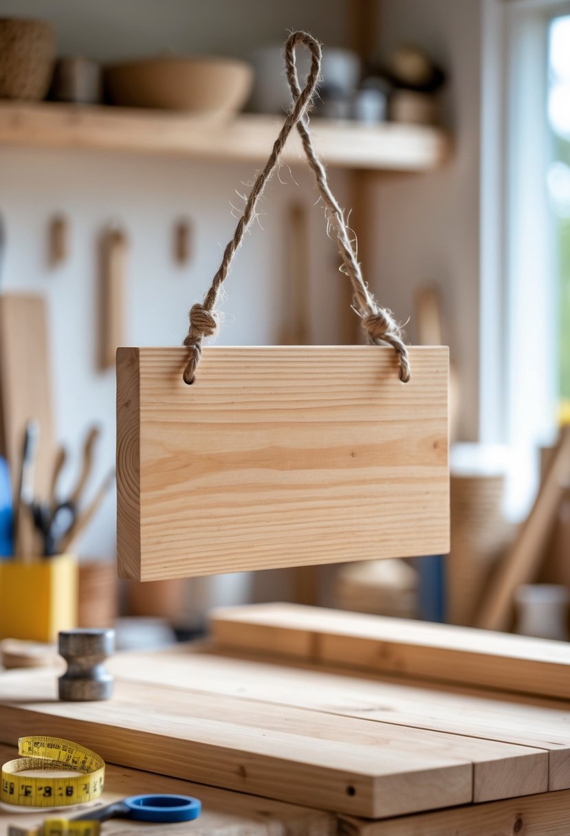 A wooden hanging sign made of light wood suspended by rope in a home workshop, surrounded by woodworking tools on a wooden workbench.