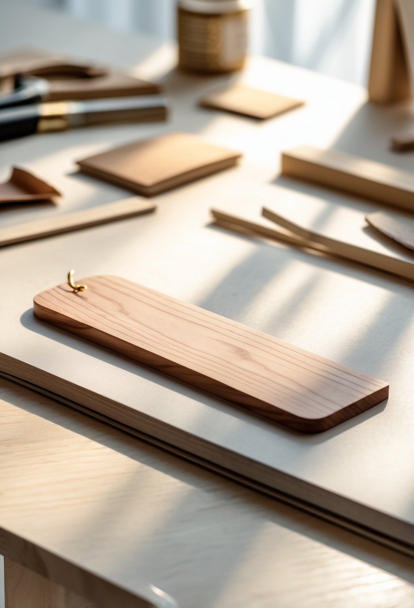 A wooden bookmark on a wooden desk surrounded by wood crafting tools and materials.