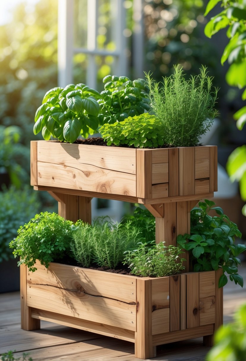 A tiered wooden herb garden planter box filled with various green herbs outdoors in a garden.