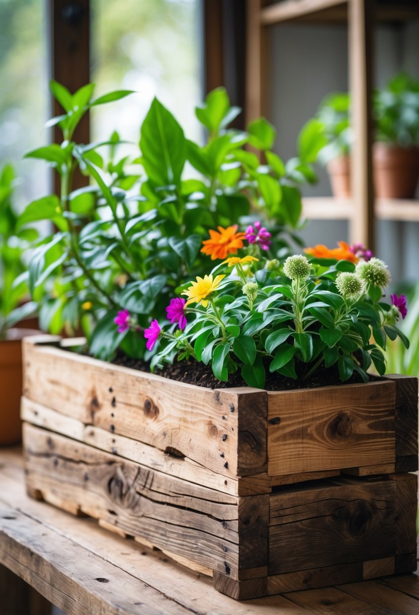 A rustic wooden planter box filled with green plants and colorful flowers on a wooden surface.