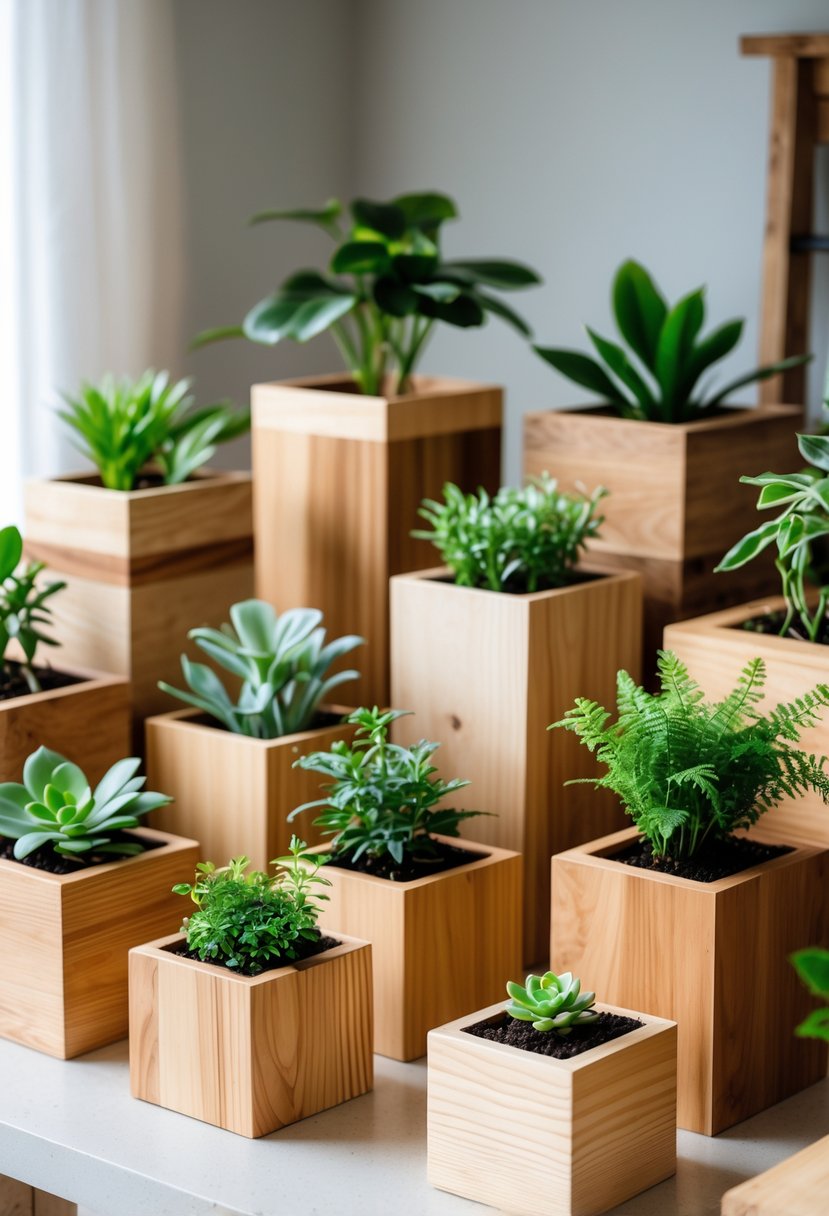 A collection of wooden planter boxes with green plants arranged on a light surface.