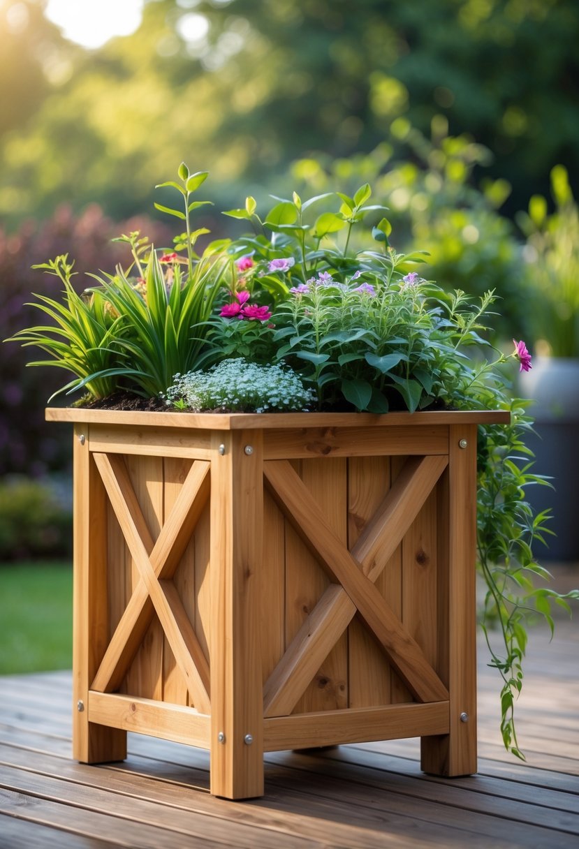 A wooden planter box with an X-brace design filled with green plants and flowers on a wooden deck outdoors.