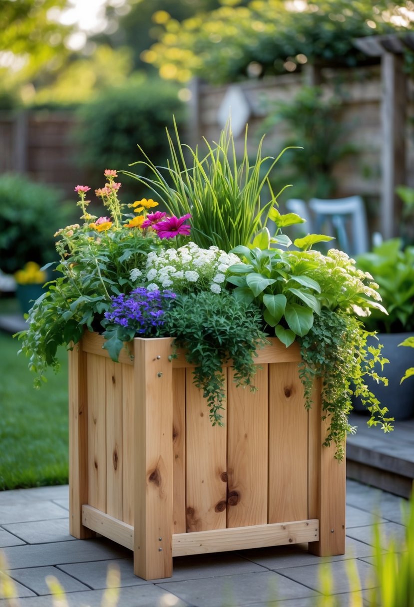 A large square wooden garden planter filled with green plants and colorful flowers in an outdoor garden setting.