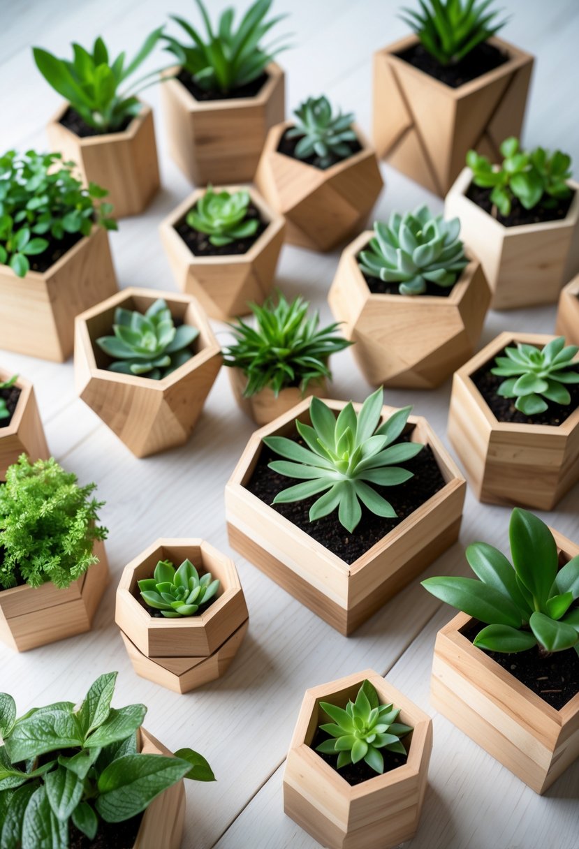 A collection of 15 wooden hexagonal planter boxes with green plants arranged on a light wooden surface.