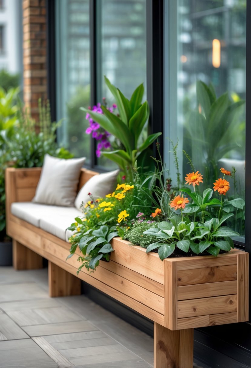 Wooden window box planter with built-in seating, filled with green plants and flowers on a balcony.