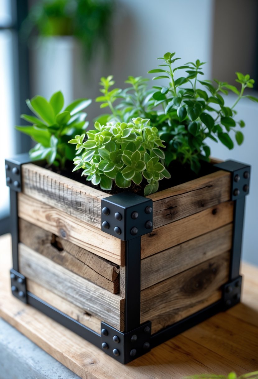 A reclaimed wood planter box with metal accents filled with green plants on a neutral surface.