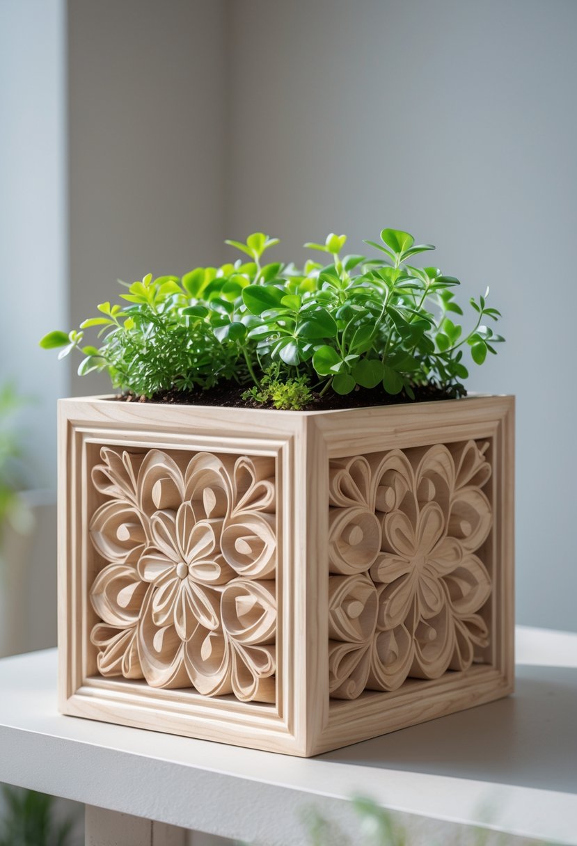 Light wood planter box with carved patterns holding green plants on a neutral surface.