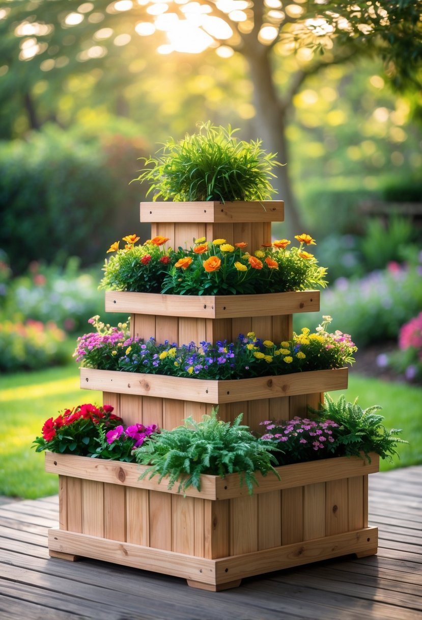 A tiered square wooden flower planter filled with colorful flowers and green plants on a wooden deck with a garden background.