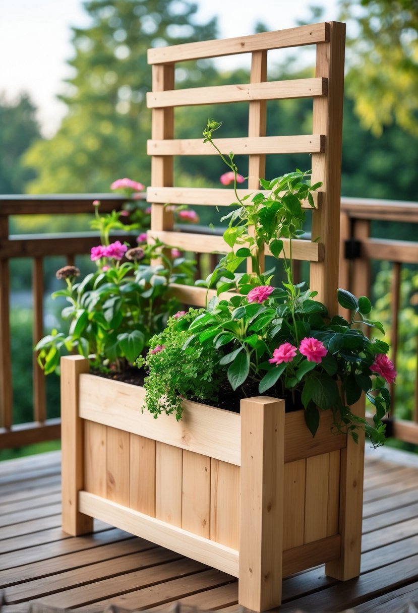 Wooden planter box with trellis support filled with green plants and colorful flowers on a wooden deck outdoors.