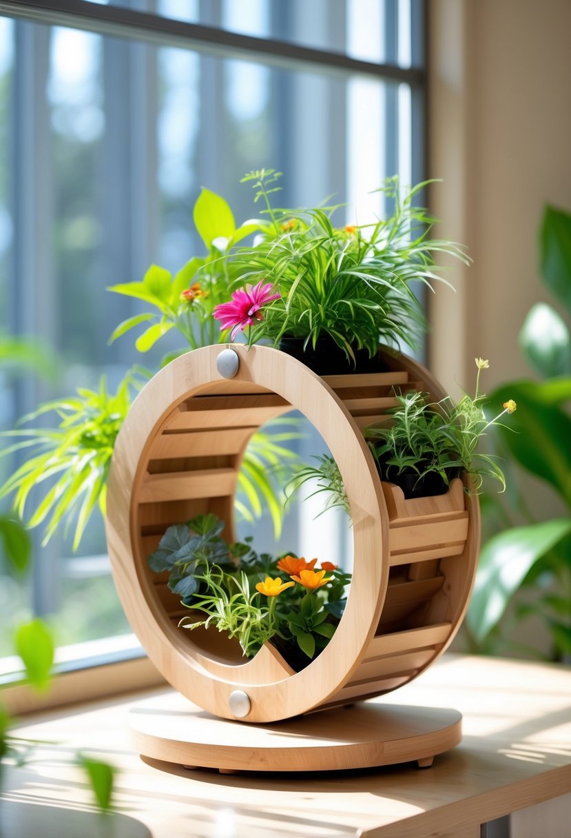 A circular wooden planter with multiple segments holding green plants and flowers, placed indoors with sunlight coming through a window.
