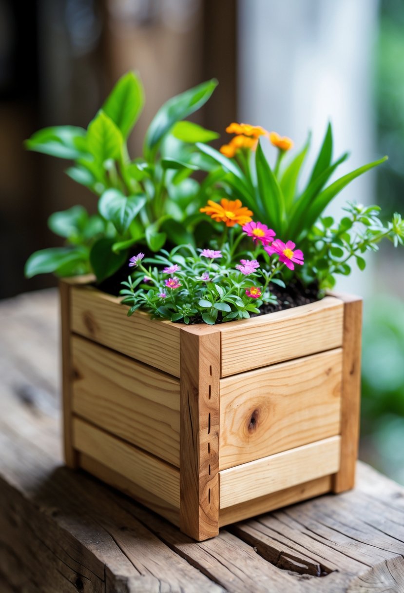 A narrow handmade wooden box planter filled with green plants and colorful flowers on a wooden surface.