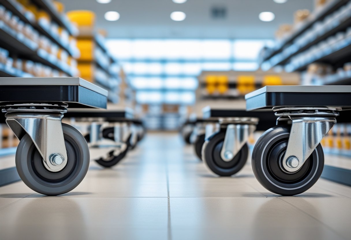 Close-up of industrial casters attached to retail shelving units and carts in a bright, organized retail store aisle.