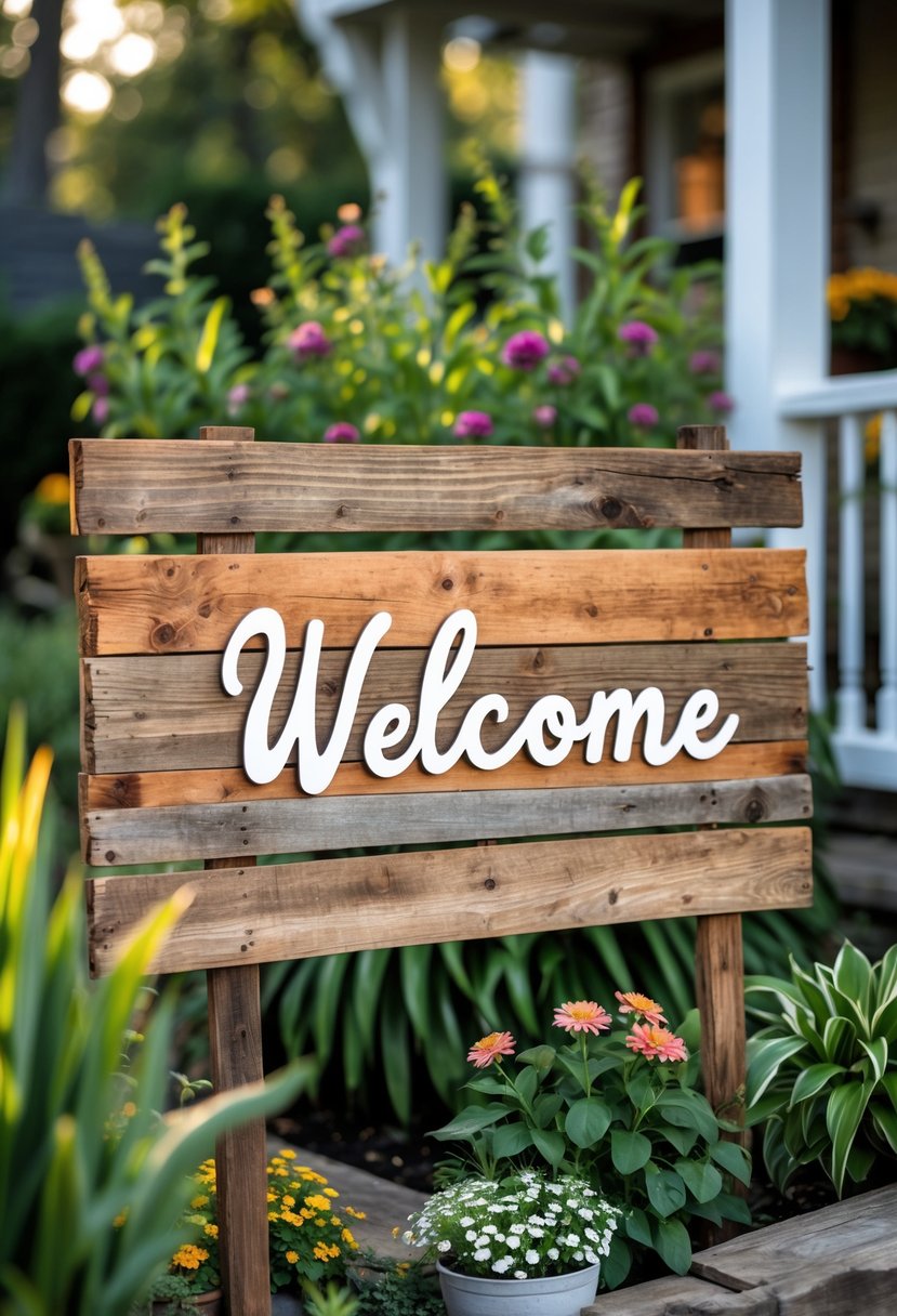 A handmade wooden welcome sign displayed outdoors in a garden with plants and flowers around it.
