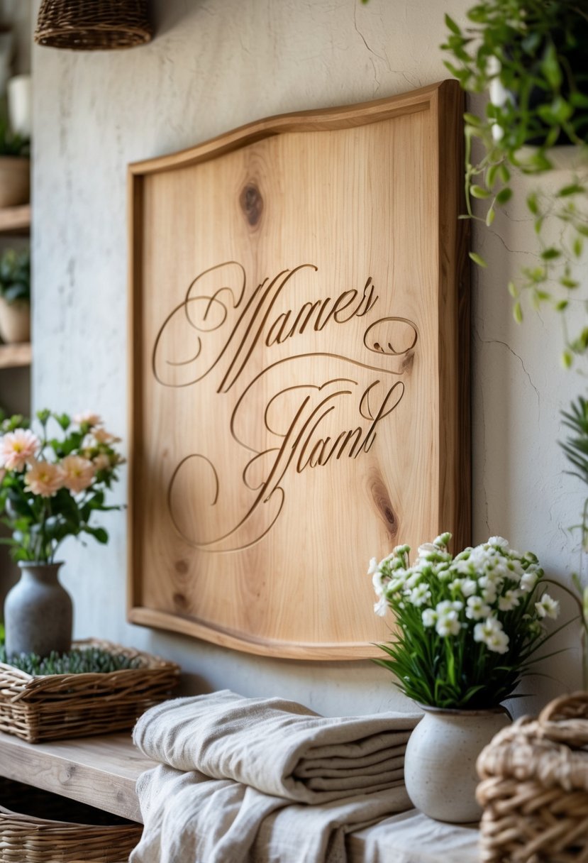 A cozy home interior with a handmade wooden plaque on the wall surrounded by plants and decorative items.
