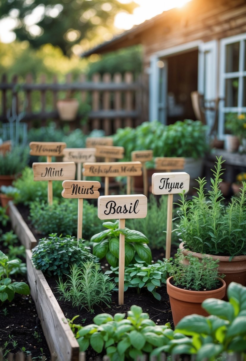 A rustic garden with wooden herb markers placed among green herb plants in raised beds and pots near a farmhouse.