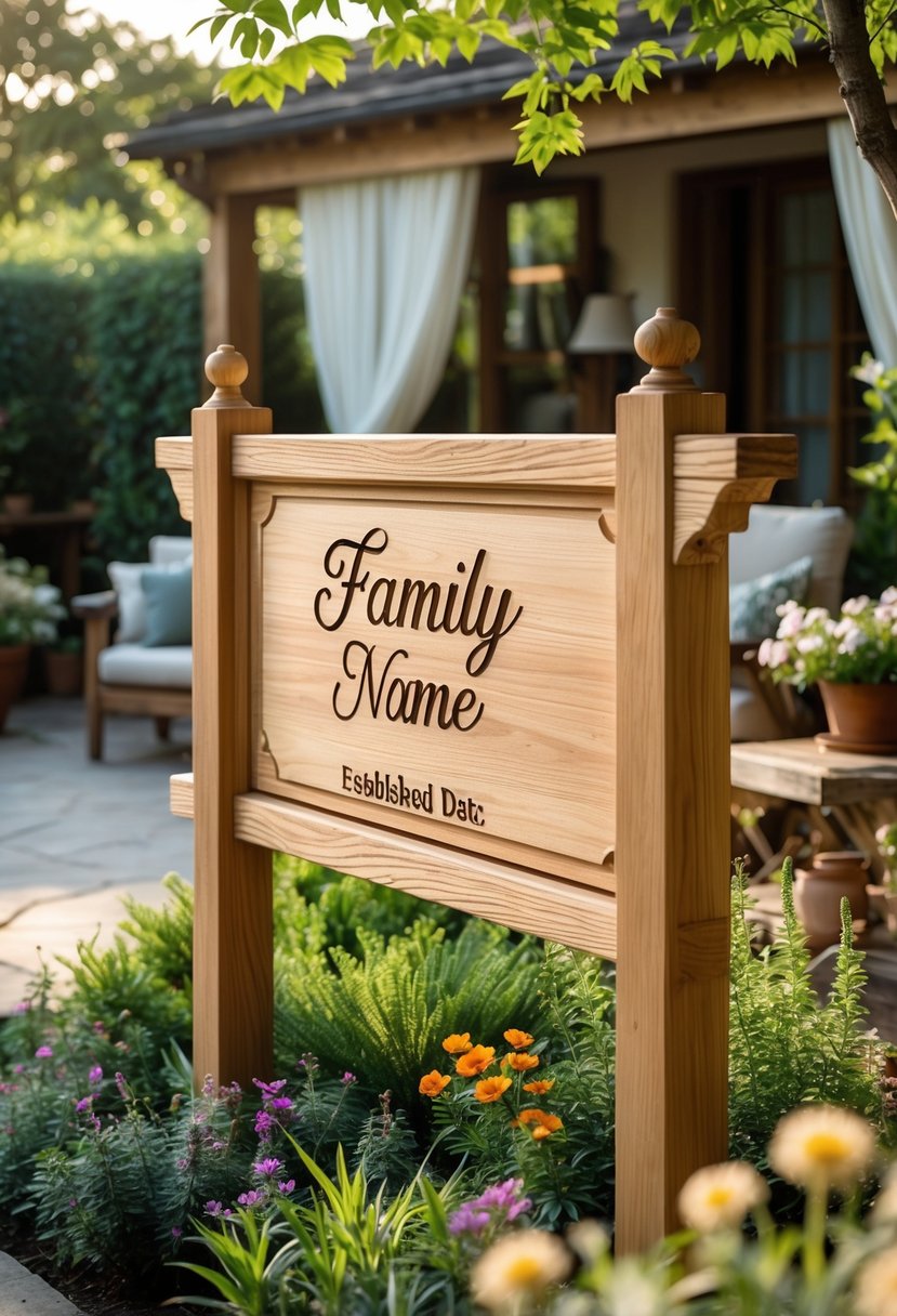 A handmade wooden family name sign with an established date displayed in a garden surrounded by plants and outdoor furniture.