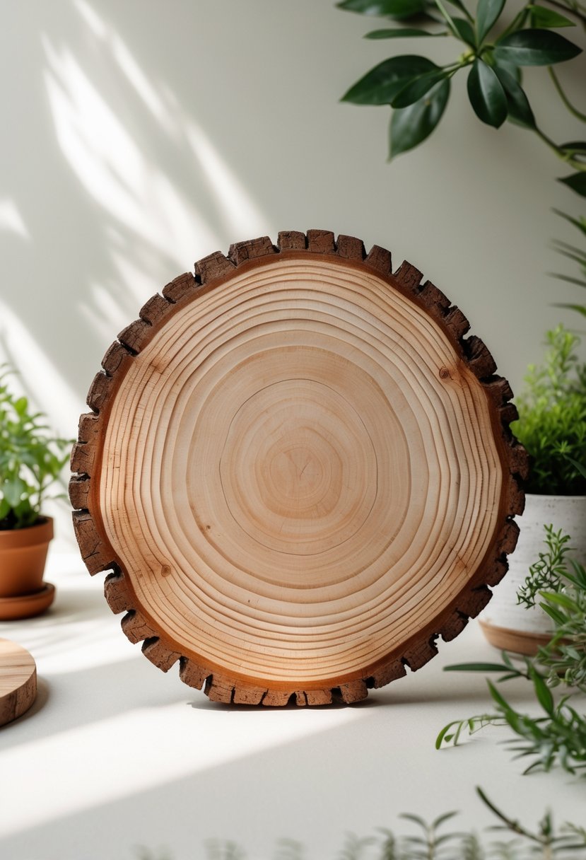 A natural wood slice plaque displayed with small plants and soft natural light on a neutral background.