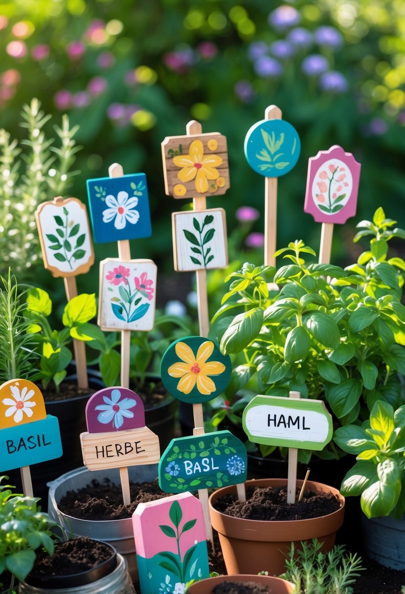 A collection of colorful handmade wooden plant labels placed in pots and garden beds with various green herbs and plants around them.