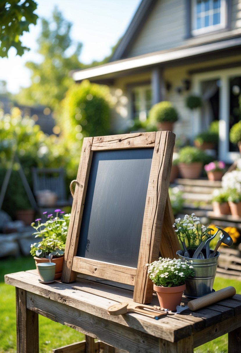 A wooden message board with a chalkboard center displayed on a table surrounded by plants and garden tools in an outdoor garden setting.