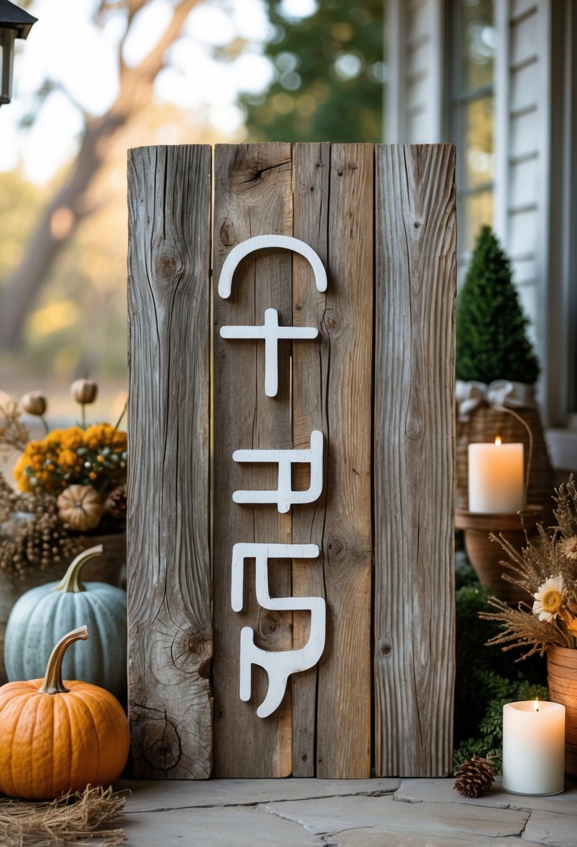 A rustic wooden sign made from reclaimed barn wood displayed in a cozy home or garden setting with natural decor elements around it.