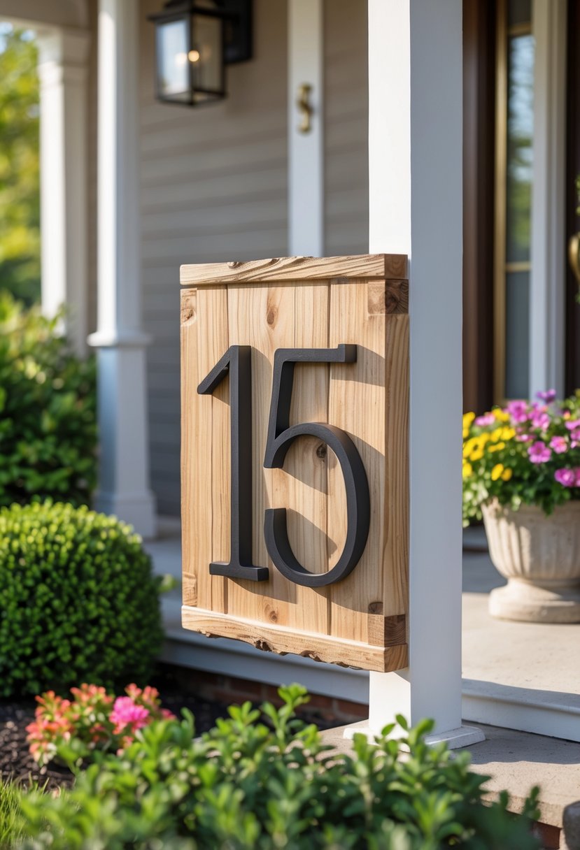 A wooden porch number sign with the number 15 mounted next to a front door surrounded by green plants and flowers.