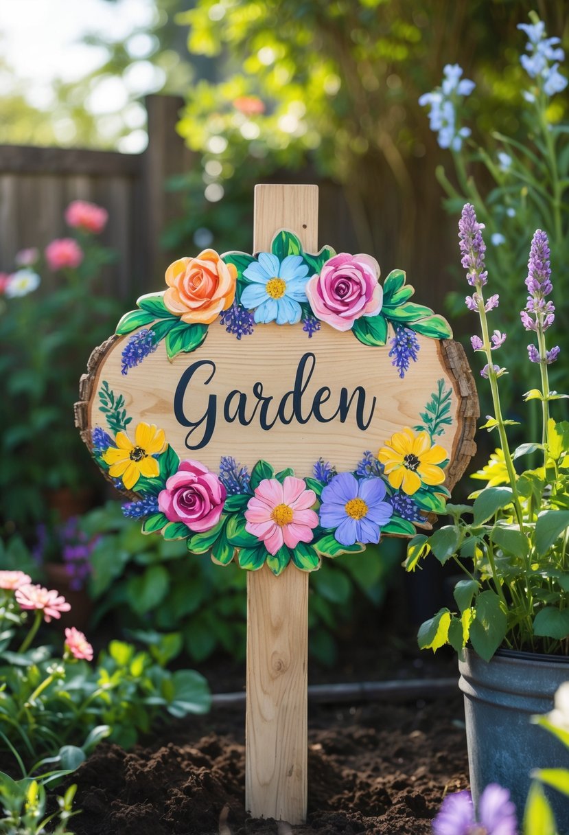 A wooden garden sign decorated with colorful hand-painted flowers surrounded by green plants and flowers in an outdoor garden.
