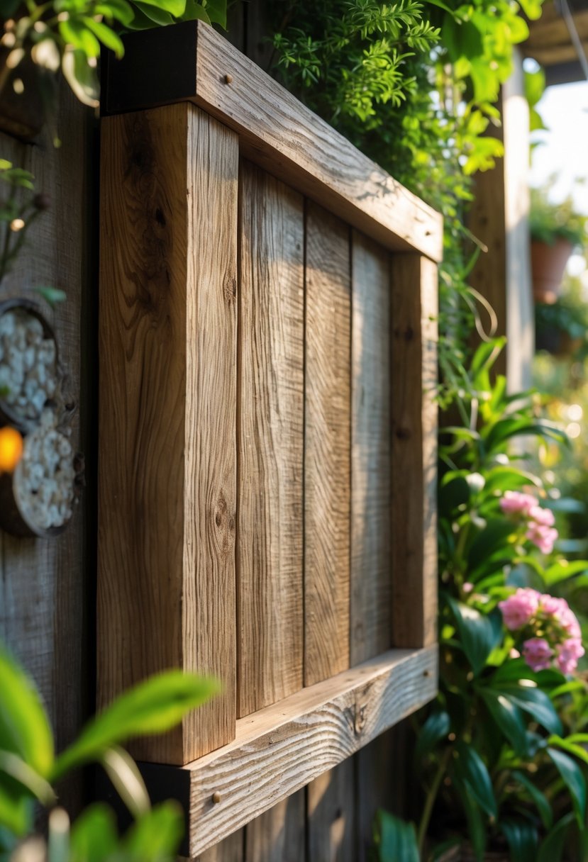 A handmade wooden wall art piece with distressed wood texture displayed on a wall surrounded by green plants and natural light.