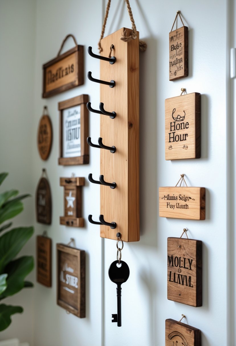 A wooden key holder with hooks hanging on a wall surrounded by various handmade wooden signs arranged as home and garden decor.