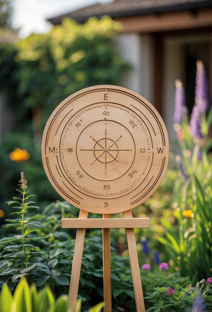 A wooden sign with engraved coordinates displayed outdoors in a garden surrounded by plants and flowers.